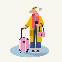 Elderly woman with suitcase. Tourism, travel, trip. Active old age, solo travel. Flat style. Vector illustration isolated.