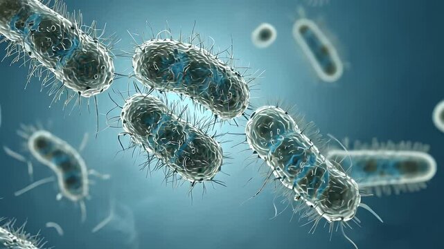Detailed Microscopic Animation of Escherichia coli Bacteria Cells on Blue Background