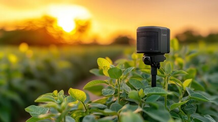 Small black camera on tripod in field at sunset