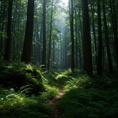 Obraz premium Sunlit Path Through a Lush Green Forest