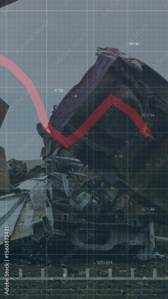 Poster animation of statistical data processing over grid network against crane operating at junkyard