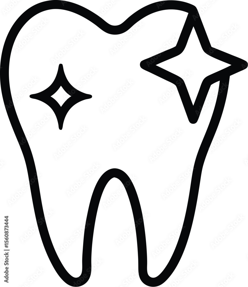 Poster minimal line icon of a tooth with sparkles indicating health and cleanliness isolated on transparent