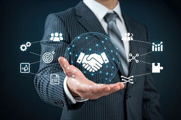 Businessman holding a glowing digital sphere with handshake icon and business process icons connected by lines