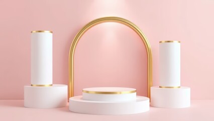 white cylindrical podiums with gold trim, arranged at varying heights against a soft pink background