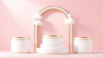 white cylindrical podiums with gold trim, arranged at varying heights against a soft pink background