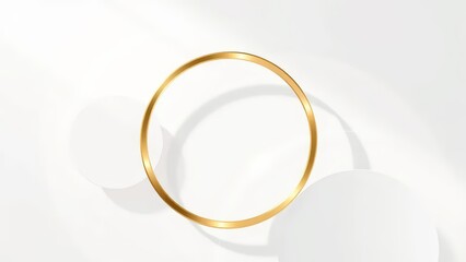 Abstract background with overlapping white circles and gold rings, minimalist design