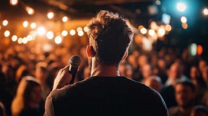 Crowd captivated by performer in vibrant venue during a live entertainment event in the evening