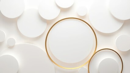 Abstract background with overlapping white circles and gold rings, minimalist design