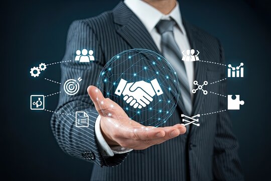 Businessman holding a glowing digital sphere with handshake icon and business process icons connected by lines - Powered by Adobe