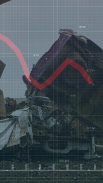 Animation of statistical data processing over grid network against crane operating at junkyard