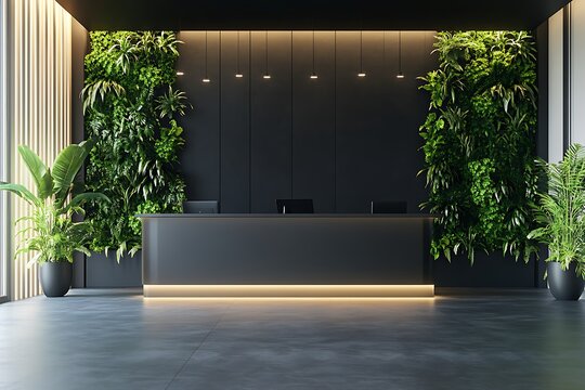 Modern reception area boasts a stylish desk, complemented by vibrant green walls and potted plants for a refreshing indoor environment.