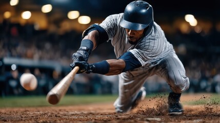 Dynamic action shot of a baseball player in mid-swing, emphasizing athleticism and concentration under stadium lights, suitable for sports marketing and athletic brands.