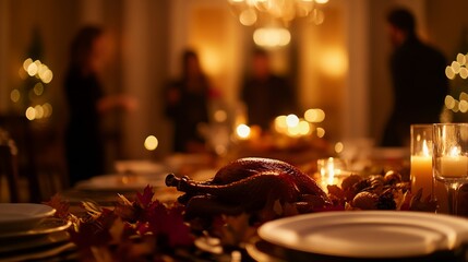 Elegant thanksgiving table setting with roasted turkey, autumn leaves, and glowing candles in warm ambient lighting with a blurred dining room background, perfect for holiday celebrations and family .