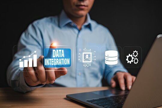Businessman s finger touching a digital interface displaying data integration with icons for growth processing database and gears