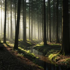 Fototapeta premium Sunlit Foggy Forest Path with Stream