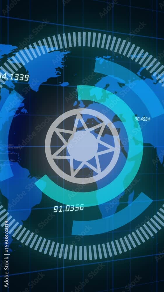 Poster abstract star shape and round scanner over multiple numbers and world map against blue background