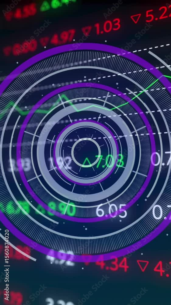Aufkleber animation of processing circle and financial data on black background