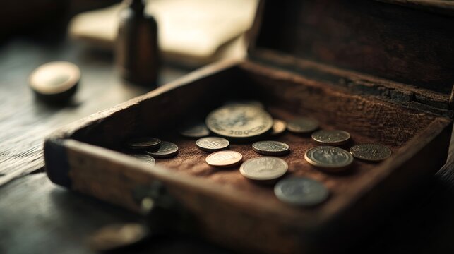 Antique wooden box open revealing vintage coins, pocket watch, and handwritten notes, evoking nostalgia and history in warm lighting. - Powered by Adobe