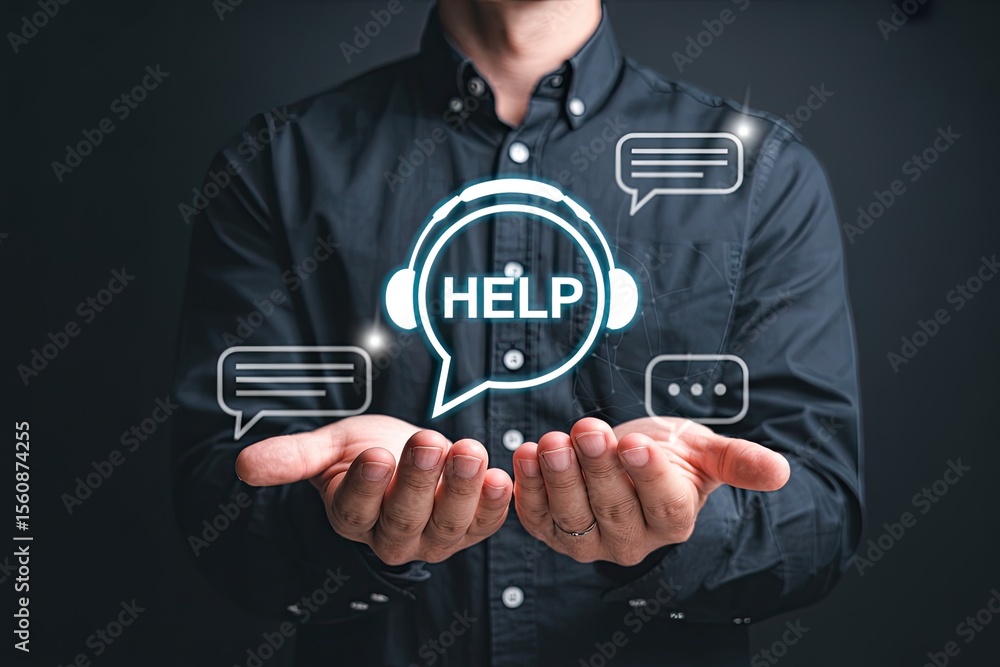 Poster man holding hands open with a glowing help icon and chat bubbles symbolizing customer support and co