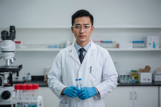 Serious Asian scientist holds test tubes in a modern laboratory, conducting medical research with advanced equipment for healthcare.