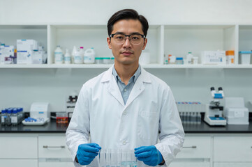 Focused scientist wearing protective gloves and a white coat holds test tubes in a clean laboratory setting.