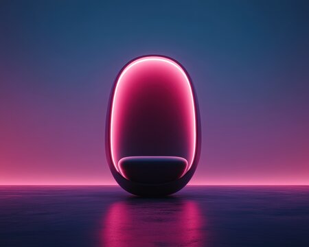 A futuristic, glowing, egg-shaped pod emits pink and purple neon light on a reflective surface in a dark, minimalistic setting.