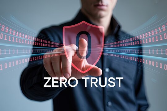 Man touching a digital shield with the number zero and binary code representing zero trust cybersecurity concept