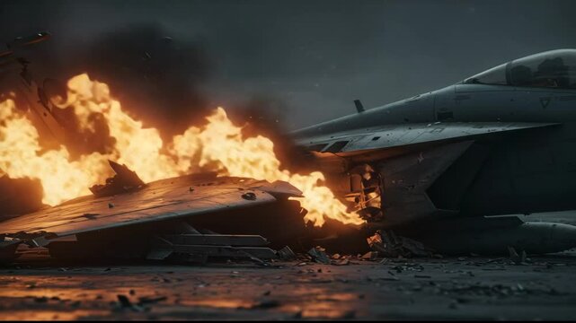 Damaged fighter jet engulfed in flames on a dark runway with smoke billowing upwards at night time