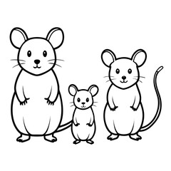 Obraz premium Cartoon mouse family with three characters in simple outline design 