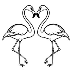 Two flamingos dancing in love with clean lines in black and white  