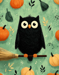 Urocza, puszysta czarna sowa siedzi na miotle, otoczona dyniami i jesiennymi liśćmi na zielonym tle. Idealna ilustracja na Halloween.