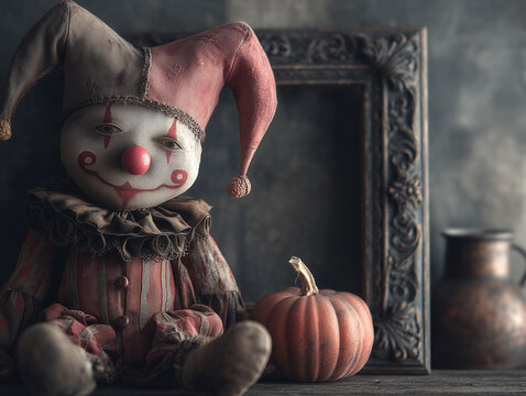 Ponury, stary pajac siedzi obok dyni i pustej ramki. Scena ma nieco niepokojący, vintage'owy, halloweenowy klimat.