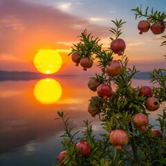  A image of a solitary pomegranate tree standing on the edge of a tranquil lake at golden hour. The tree is heavily laden with ripe pomegranates, their ruby-red skins glistening under the setting sun,