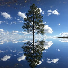 Obraz premium Solitary Pine Tree Reflected in Calm Water Under Blue Sky