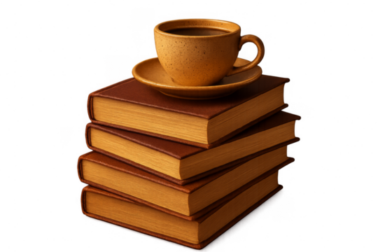 Coffee cup resting on stack of old books with transparent background