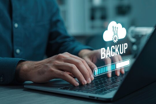 Person using a laptop to perform a cloud backup with a progress bar and cloud icon indicating data transfer and storage