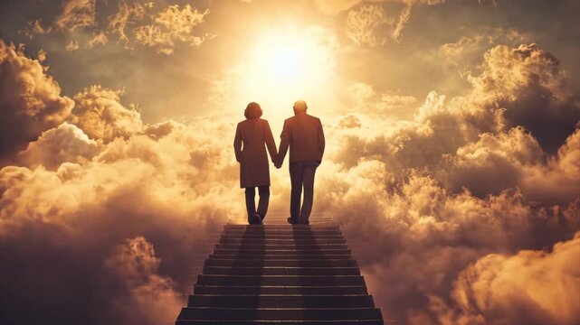 Elderly couple walking upstairs among clouds in the sky to the shining light symbolizing heaven or Christian paradise. Life end and time passing concept