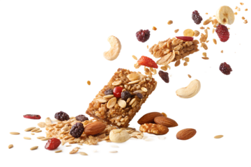 📝 Опис англійською:
Crispy granola pieces, oats, nuts, seeds, and dried fruits floating mid-air or falling in slow motion against a clean white background. Captured in high resolution with soft shado