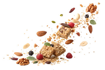 📝 Опис англійською:
Crispy granola pieces, oats, nuts, seeds, and dried fruits floating mid-air or falling in slow motion against a clean white background. Captured in high resolution with soft shado