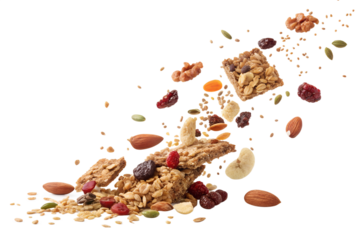 📝 Опис англійською:
Crispy granola pieces, oats, nuts, seeds, and dried fruits floating mid-air or falling in slow motion against a clean white background. Captured in high resolution with soft shado