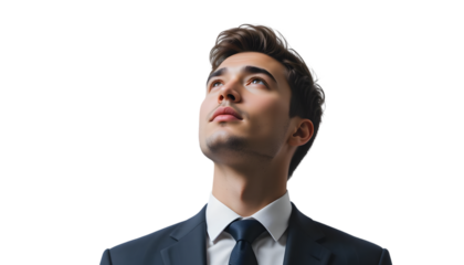Young professional man in a suit looks up with a transparent background, symbolizing ambition, vision, and leadership potential.
