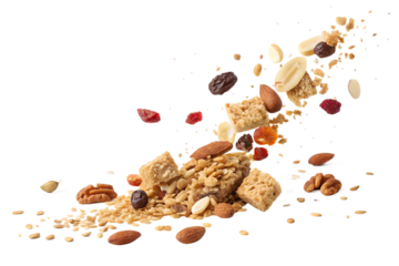 📝 Опис англійською:
Crispy granola pieces, oats, nuts, seeds, and dried fruits floating mid-air or falling in slow motion against a clean white background. Captured in high resolution with soft shado