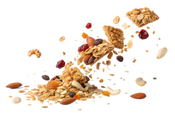 📝 Опис англійською:
Crispy granola pieces, oats, nuts, seeds, and dried fruits floating mid-air or falling in slow motion against a clean white background. Captured in high resolution with soft shado
