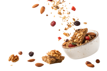 📝 Опис англійською:
Crispy granola pieces, oats, nuts, seeds, and dried fruits floating mid-air or falling in slow motion against a clean white background. Captured in high resolution with soft shado