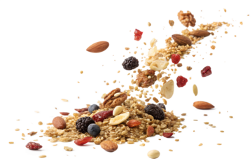 📝 Опис англійською:
Crispy granola pieces, oats, nuts, seeds, and dried fruits floating mid-air or falling in slow motion against a clean white background. Captured in high resolution with soft shado