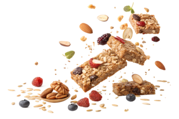 📝 Опис англійською:
Crispy granola pieces, oats, nuts, seeds, and dried fruits floating mid-air or falling in slow motion against a clean white background. Captured in high resolution with soft shado