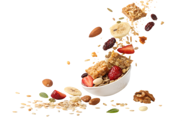 📝 Опис англійською:
Crispy granola pieces, oats, nuts, seeds, and dried fruits floating mid-air or falling in slow motion against a clean white background. Captured in high resolution with soft shado