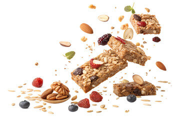 📝 Опис англійською:
Crispy granola pieces, oats, nuts, seeds, and dried fruits floating mid-air or falling in slow motion against a clean white background. Captured in high resolution with soft shado