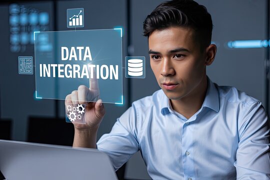 Young man interacting with a futuristic holographic interface displaying data integration concepts and icons - Powered by Adobe