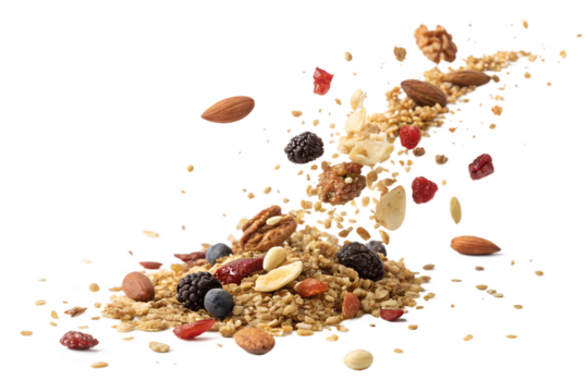 📝 Опис англійською:
Crispy granola pieces, oats, nuts, seeds, and dried fruits floating mid-air or falling in slow motion against a clean white background. Captured in high resolution with soft shado